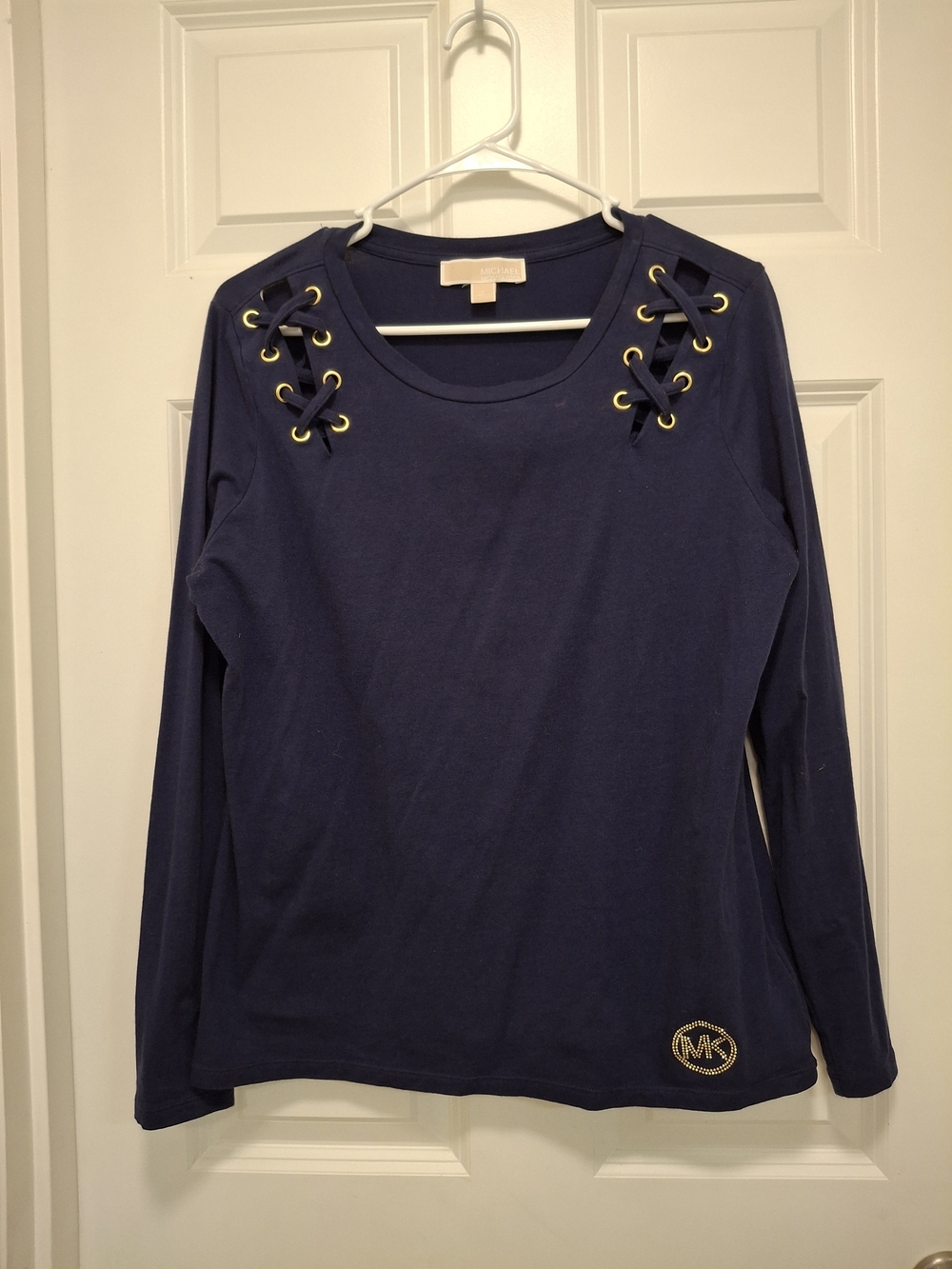 Michael Kors Navy Lace-Up Long-Sleeve Logo Top